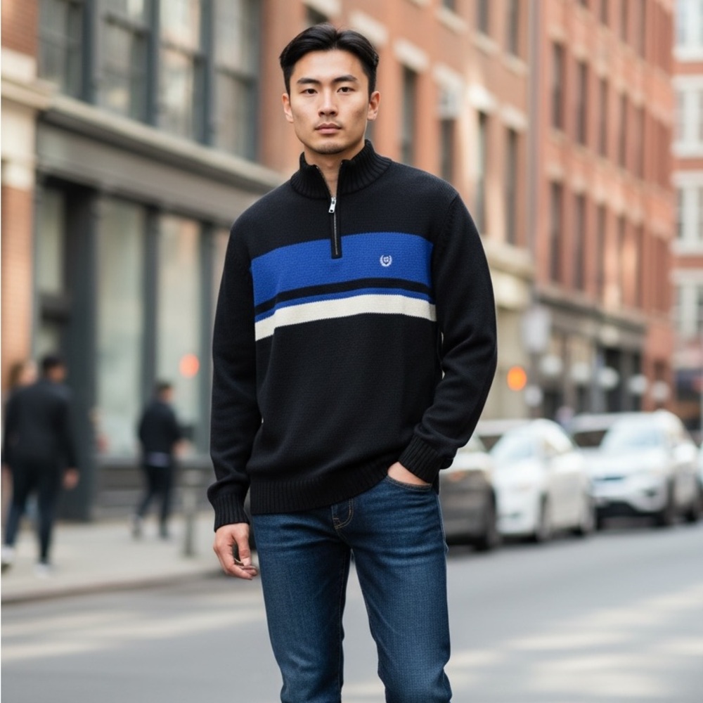 Chaps Vintage Men's Navy and Blue Quarter Zip-Up Sweater